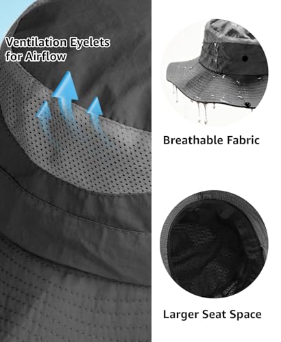 Wide Brim Sun Hat for Men Women, UPF 50+ Waterproof Packable Bucket Boonie Safari Fishing Hat - color: Dark Grey