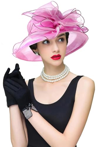 Women's Kentucky Derby Church Dress Hat Wide Brim Leaf Flower Bridal Shower Hat - color: S5-rose