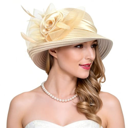 Ruphedy Women Derby Church Dress Bucket Hat Fascinators Tea Party Wedding Hat - color: Champagne