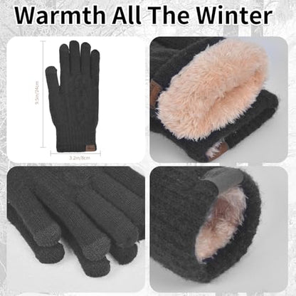 Winter Hat Scarf Gloves Set for Women, Classic Cable Beanie with Removable Pom Pom Long Scarf Touchscreen Gloves 3 in 1 Set - color: Black