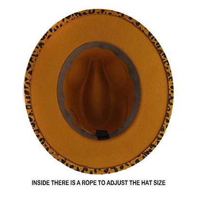 Women's Wide Brim Felt Fedora Panama Hat with Leopard - color: Z-khaki