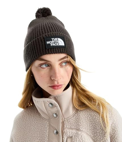 THE NORTH FACE TNF Logo Box Pom Beanie | Classic Fit, Cuffed Winter Hat for Men & Women, Soft Rib Knit Fabric & Woven Logo - color: Dark Chestnut