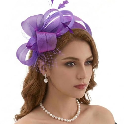 DRESHOW Fascinators Hats for Women Tea Party Hat Vintage Derby Pillbox Kentucky Hat Church Cocktail Headwear - color: 1 Pack Fascinator Headband: Purple