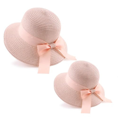 Zsedrut Women,Little Girls Straw Sun Hat Summer Beach Cap Foldable Visor Floppy Hats Wide Brim with Bowknot - color: Pinkbow2, size: One Size