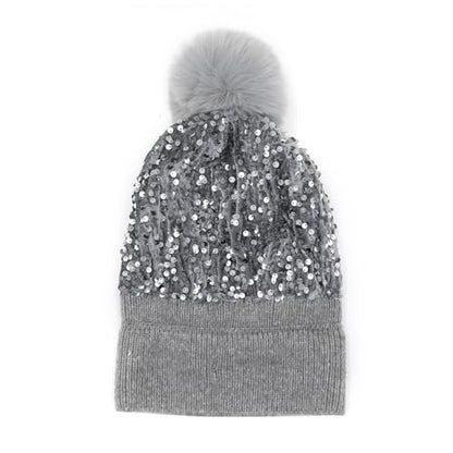 Women Sparkly Sequins Knitted Beanie Hat Warm Winter Skull Cap with Faux Fur Pom Pom - color: X Grey With Knit Cuffs