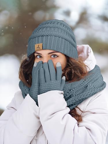 LOROME Winter Beanie Hat Scarf Gloves, Warm Fleece Knit Neck Scarf Set Gift - color: Light Blue