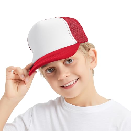 TOPTIE Kids Trucker Hat 5-Panel Foam Front Snapback Cap (Ages 3-7) - color: Red/White