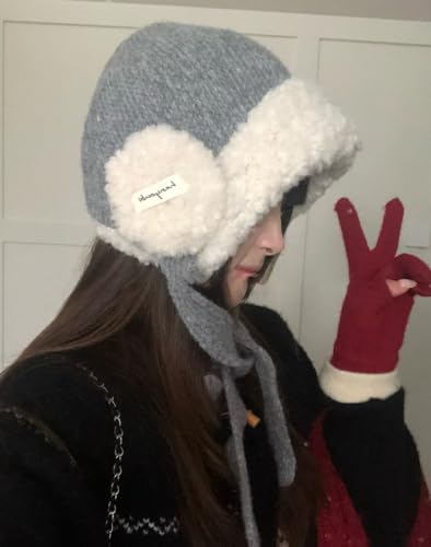 Women Winter Fleece Beanie Hat with Ear Flaps Soft Warm Crochet Skull Caps - color: White