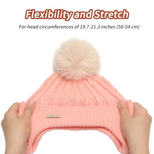 ZLYC Kids Girls Boy Winter Hat Cotton Lined Pom Pom Beanie Earflap Knit Cap - color: Solid Pink