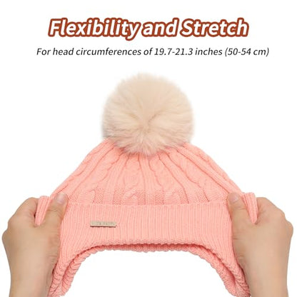 ZLYC Kids Girls Boy Winter Hat Cotton Lined Pom Pom Beanie Earflap Knit Cap - color: Solid Pink