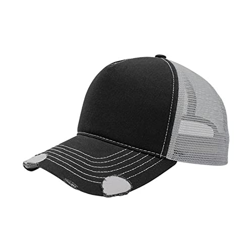 The Vintage Year Plain Cotton Structured Mesh Adjustable Trucker Sports Baseball Cap - color: Distressed Black/Grey