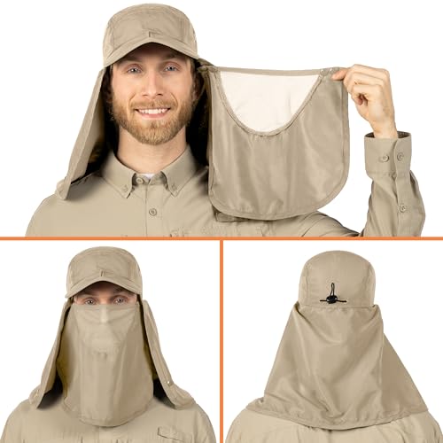 SUN CUBE Fishing Sun Hat with Neck Flap & Face Cover, Wide Brim UPF50+ Cap - color: Tan