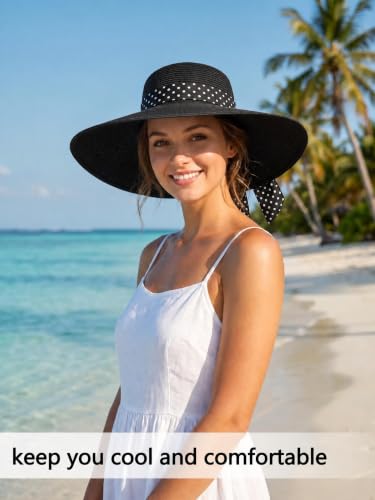 Sun Beach Straw Hats for Women, Summer Wide Brim Hat - color: Black, size: Large