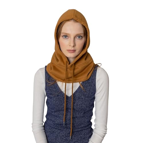 Unisex Sporty Snood Hat with drawstring Hood Scarf Neck Warmer Winter Balaclava Hood - color: Camel