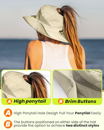 EW EastWater Beach Sun Bucket Hats for Women,UV Protection High Ponytail Hole UPF 50+ Waterproof for Hiking Safari Fishing - color: Beige