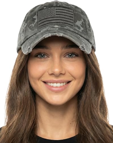 Funky Junque Distressed Baseball Cap, Vintage Embroidered Dad Hat - color: 1 American Flag - Black Camo