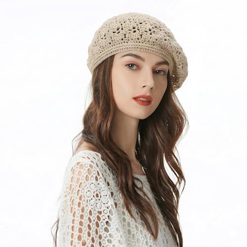 ZLYC Women Cotton Slouchy Crochet Beret Handmade Cutout Floral Beanie Hat - color: Crochet Beige