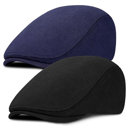 Senker Fashion 2 Pack Newsboy Cap for Men, Wool Blend Tweed Flat Cap - color: Navy Blue Black