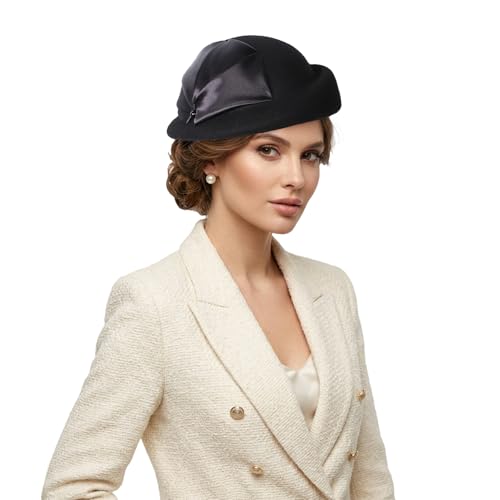 Vintage Wool Felt Cloche Bucket Bowler Hat Women Church Wedding Fascinator Formal Dress Hat Winter Fedoras - color: Black-70