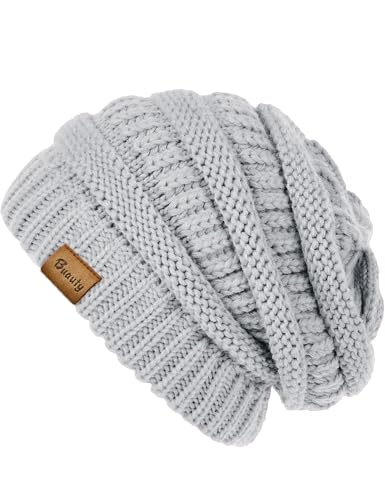 Slouchy Beanies for Women Cable Knit Winter Hats Ladies Gifts Chunky Skull Cap Thick Warm Stocking Caps for Cold Weather - color: Light Grey