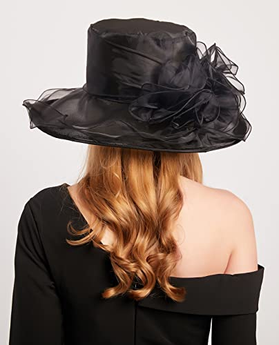 Z&X Organza Church Fascinator Wedding Tea Party Derby Hats for Women Flower Wide Brim Sun Hats - color: 034 Black