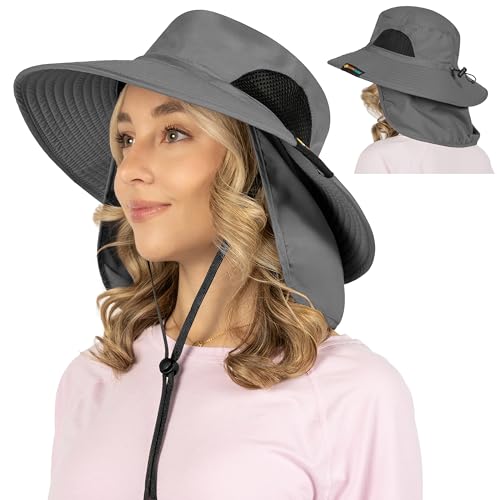 SUN CUBE Wide Brim Sun Hat for Men & Women, UPF 50+ UV Protection, Mesh Boonie Hat with Chin Strap, Fishing Hiking Hat - color: Grey With Flap