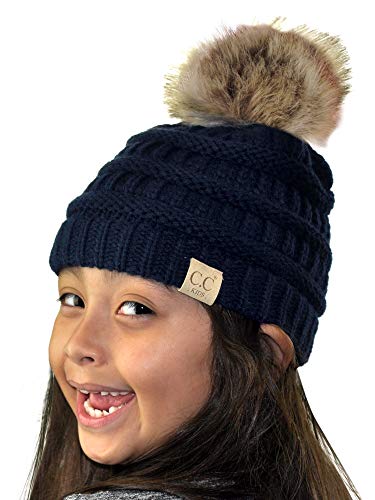 C.C Children's Kids' Soft Stretch Cable Knit Faux Fur Pom Beanie Hat - color: Navy