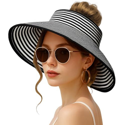 Sun Hats for Women Wide Brim Straw Sun Visors Ponytail Hat - color: Black White Stripe