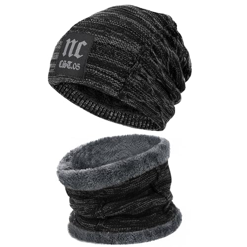 FZ FANTASTIC ZONE Mens Womens Winter Beanie Hats Warm Neck Warmer Scarf Set - color: Nc Black
