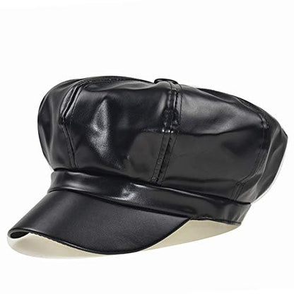 Women Newsboy Hats,8 Panel Ivy Beret PU Leather Cabbie Cap - color: Black