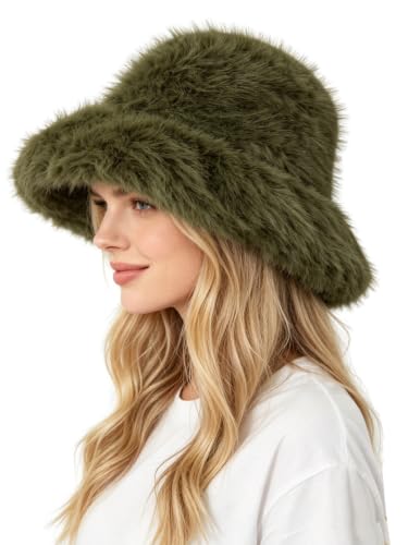Lina & Lily Oversized Winter Faux Fur Bucket Hat for Women - Long Pile Fur Wide Moldable Brim - color: Army Green