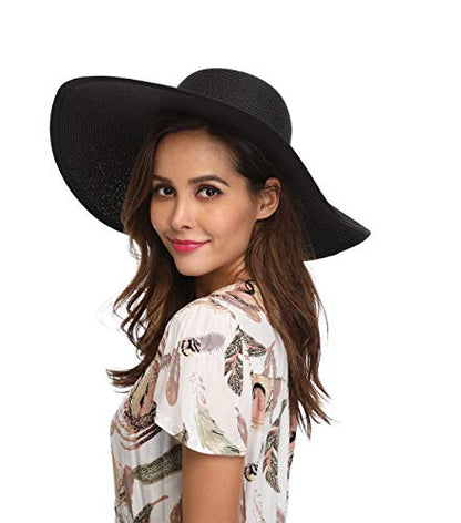 Lanzom Womens Wide Brim Straw Hat Big Floppy Foldable Roll up Cap Beach Sun Hat UPF 50+ - color: Twine-black