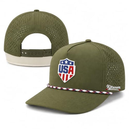 Patriotic Golf Rope Hat for Men, 5 Panel Adjustable Snapback Outdoor Cap - color: Olive Green