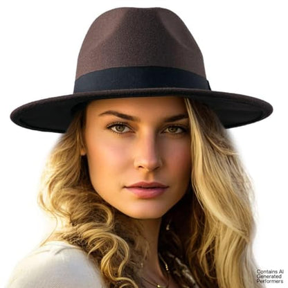 Felt Wide Brim Fedora Hats for Women Men, with Band Belt Buckle, Adjustable - color: P04 Mocha Brown
