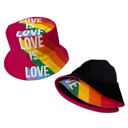 Pride Unisex Bucket Hat Reversible Double-Side-Wear Packable for Travel, Outdoors, and Beach - color: Hot Pink Love is Love