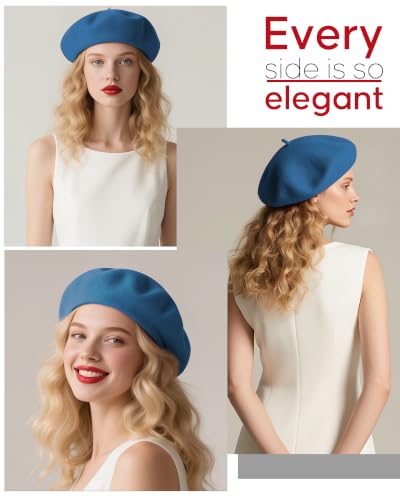 French Beret Hats for Women - Wool Solid Color Beanie Cap - color: Peacock Blue