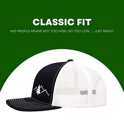 LINDO Trucker Hat [ Great Outdoors Design ] for Men and Women: Mid Profile Cap with Breathable Mesh Back and Adjustable Snap - color: Navy/White