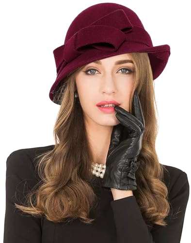 Z&X Women Winter Wool Felt Cloche Bucket Hat 1920s Vintage Gatsby Hat Elegant Bow Church Wedding Hat - color: 026 Burgundy