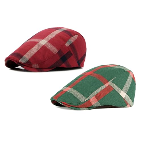 2 Pack Men's Plaid Cotton Flat Newsboy Ivy Cabbie Golf Gatsby Cap Hat - color: 498rg