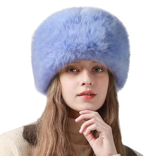 Peicees Winter Faux Fur Hat for Women Russian Style Ladies Ushanka Warm Fluffy Bucket Hat Fuzzy Furry Cap - color: Blue