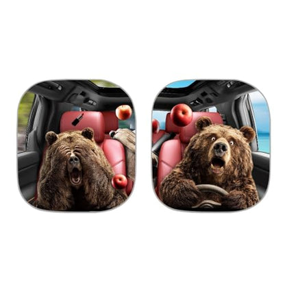 Renewold Windshield Sun Shade for Car, 2-Piece Foldable Front Window Sunshade with Reflective Polyester, Funny Brown Bear Print, Fits Most Sedans, SUVs and Trucks - color: Funny Brown Bear Animal Driving