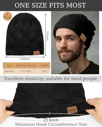 Senker Fashion 2 Pcs Winter Slouchy Beanie Hats for Men, Warm Mens Beanies - color: Black Dark Black