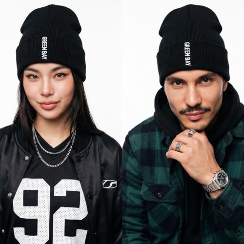 Daxton Vertical USA Cities Cuffed Beanie, Winter Knit Hat Skully Cap for Men Women, City Pride Daily Headwear - color: Green Bay Black White