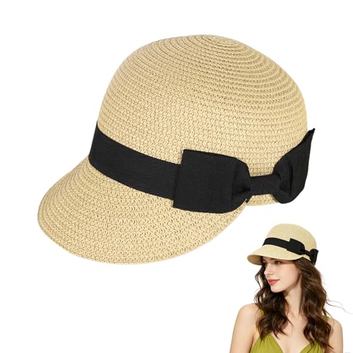 Women’s Sun Hat, Retro Bow Straw Hat Baseball Cap with Wide Brim, Foldable Breathable Beach Hats for Summer Outdoor - color: Beige
