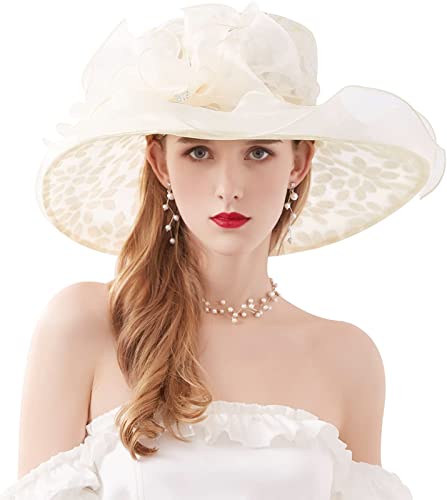 Z&X Organza Church Fascinator Wedding Tea Party Derby Hats for Women Flower Wide Brim Sun Hats - color: 01b Beige