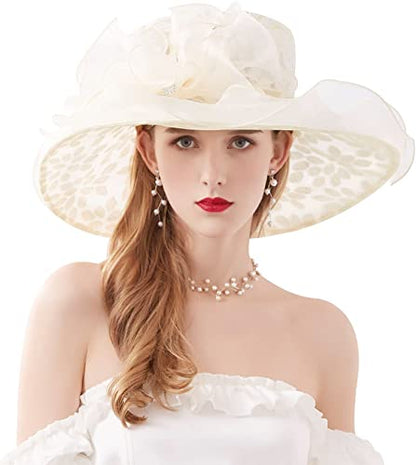 Z&X Organza Church Fascinator Wedding Tea Party Derby Hats for Women Flower Wide Brim Sun Hats - color: 01b Beige