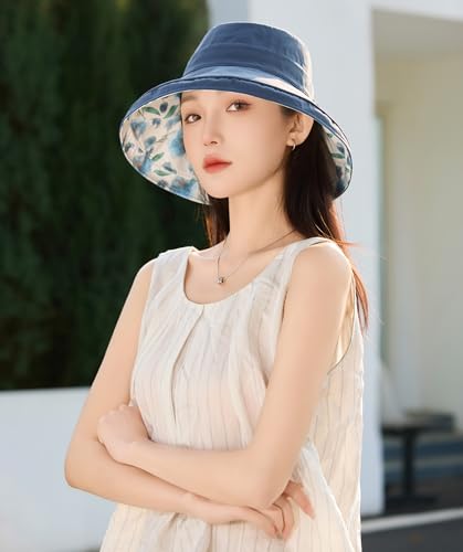 HUAMULAN Women Wide Brim Reversible Sun Hat Summer Beach Fishing Bucket - color: Navy Floral