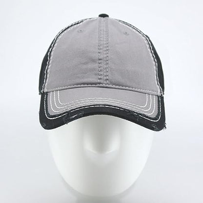 Washed Cotton Distressed with Heavy Stitching Adjustable Baseball Cap - color: Gray/Gray/Black