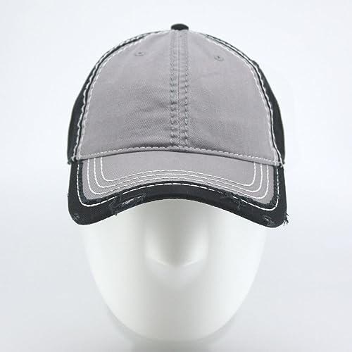 Washed Cotton Distressed with Heavy Stitching Adjustable Baseball Cap - color: Gray/Gray/Black