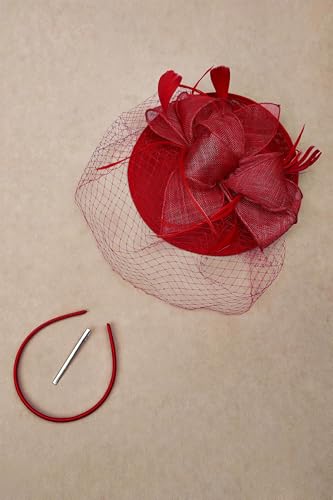 BABEYOND Fascinators Hats for Women Pillbox Kentucky Hat with Feather Veil - color: Red